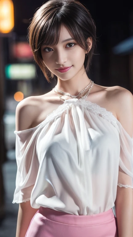 1womanl, up of face, mideum breasts, light brown hair, Blunt bangs, hair behind ear, hair over shoulder, Long hair, slender body shape, Ultra Fine Face, Thin face, Delicate lips, Beautiful eyes, thin blush, eyes are light brown, perfect glossy skin, flawless skin, Glistening sweat,View here, Ultra-thin hands, Ultra-fine fingers, best ratio four finger and one thumb, (realisitic:1.3), See-through white blouse. An amusement park, One-person viewpoint, Fuji Film, F/1.2, 8K, masutepiece, nffsw, Super Detail, High quality, Best Quality, hight resolution
