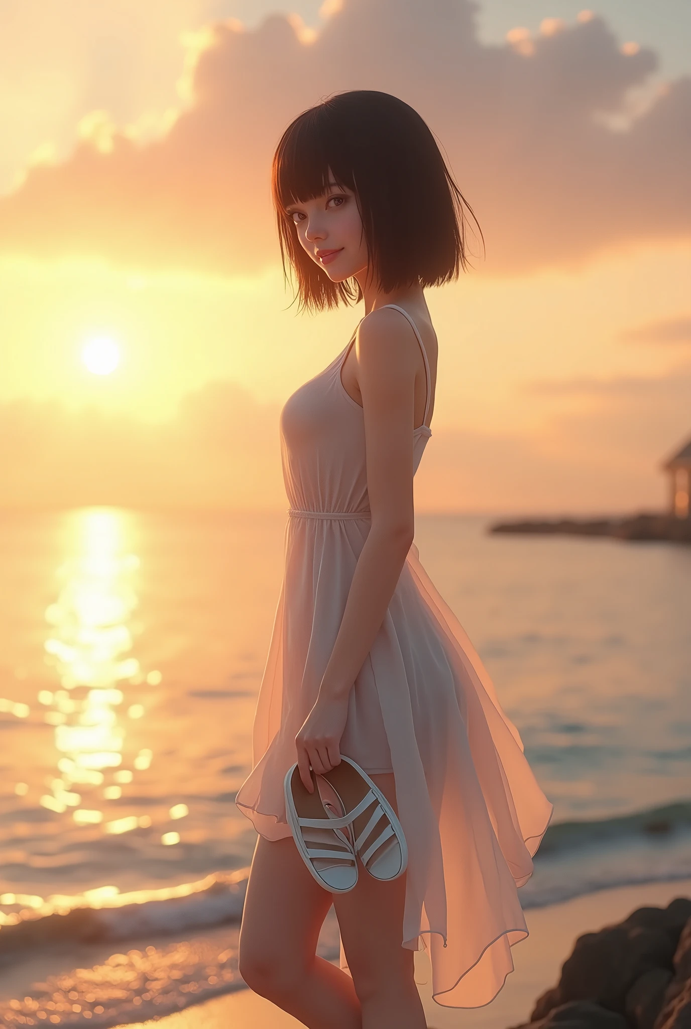 live-action、 real、Water's Edge、 A very beautiful Japanese high school girl wearing a white dress、Water's Edgeに立つ、Sunset、Backlight、 dress that you take off your white sandals and hold in your hand is see-through and you can clearly see the lines of your body、Black Hair、 short bob hair、 upper body、smile、profile、