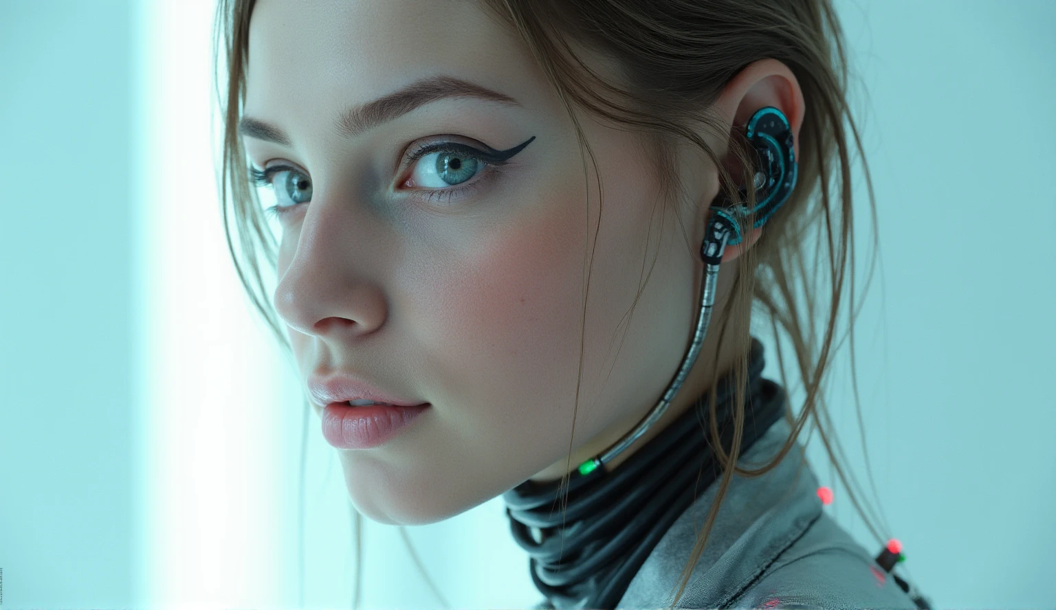 full body photo, young woman, chest, porcelain face, cyborg, robotic parts, 150 mm, beautiful studio soft light, rim light, vibrant details, cyberpunk, hyperrealistic, anatomical, facial muscles, cable electric wires, microchip, H. R. Giger style, extremely detailed  (realistic, photo-realistic:1.37),Amazing, finely details, ray tracing, UHD, 8k, masterpiece, award winning