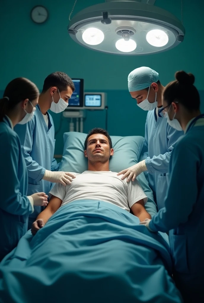 In an anatomy classroom, an iranian man, bearded and hairy, dark-skinned, is lying on an examination table, wearing only white underwear. He is watched closely by a group of curious students around him., all focused on learning about the human body. The room is bright, with medical equipment and skeletons on the walls, creating an academic and serious environment.