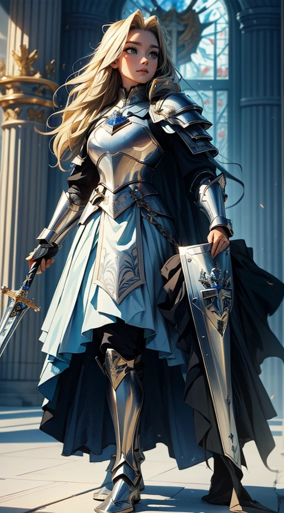 (((masterpiece, best quality, high detailed, 16k))) (1girl) A noble knight with flowing blonde hair and bright blue eyes, clad in shining silver armor adorned with royal blue accents. She carries a large shield emblazoned with a regal lion and wields a longsword that glows with holy light. Her stance is strong and unyielding, exuding an aura of protection and valor. ((full body view))