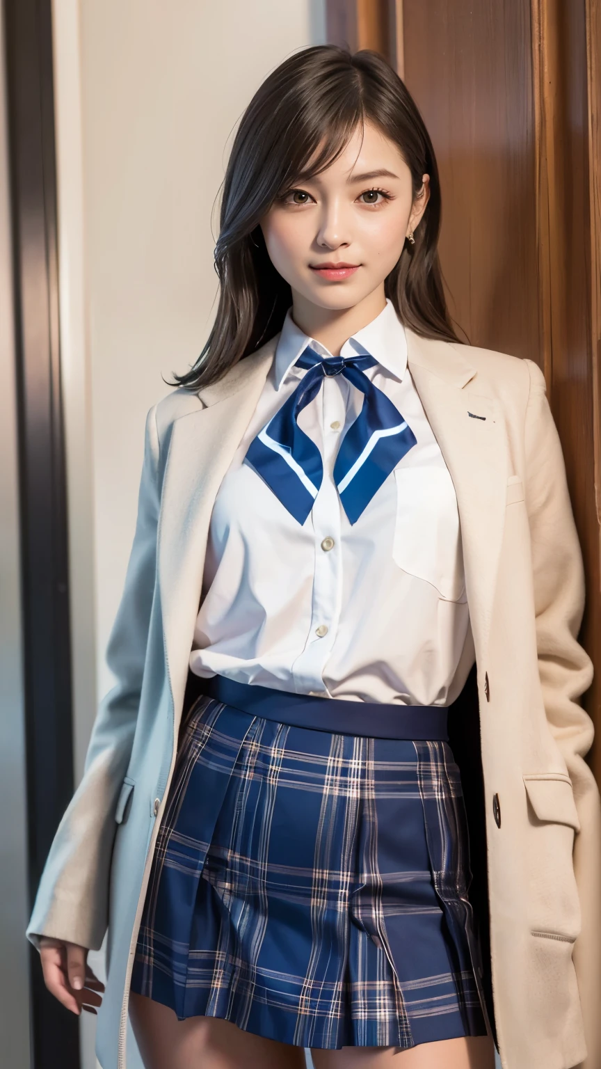 (Highest quality, 4K, 8k, High resolution, masterpiece, Genuine, Realistic, Realistic:1.3), (upper body, from below), Girl standing in a school changingroom, grin:1, ((wearing blue neckerchief white collared Uniform, Brown Blazer, dark blue plaid skirt)), ((pink striped pattern underwear)), 18-year-old, bangs, A small smile, Thighs, knees, From below, pinching skirt:0.7, open legs:0.8,