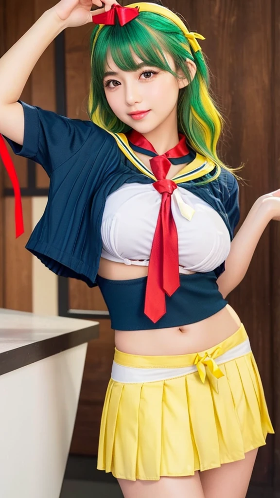 masterpiece, best quality, ultra-high-detailed, missionary, pov, 1girl, 1boy, sex, Mion Sonozaki, green hair, green eyes, ponytail, white shirt, red necktie, (yellow vest), red skirt, legs spread