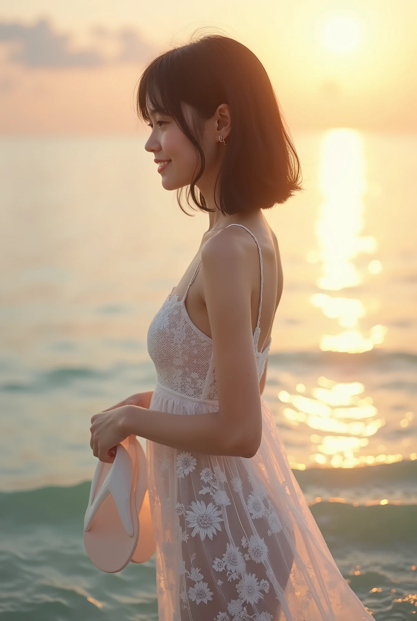 live-action、 real、Water's Edge、Very beautiful Japanese schoolgirl wearing a white lace dress、A very beautiful Japanese high school girl in a white lace dress standing in a shallow sea 、Sunset、Backlight、 dress that you take off your white sandals and hold in your hand is see-through and you can clearly see the lines of your body、Black Hair、 short bob hair、 upper body、smile、profile、