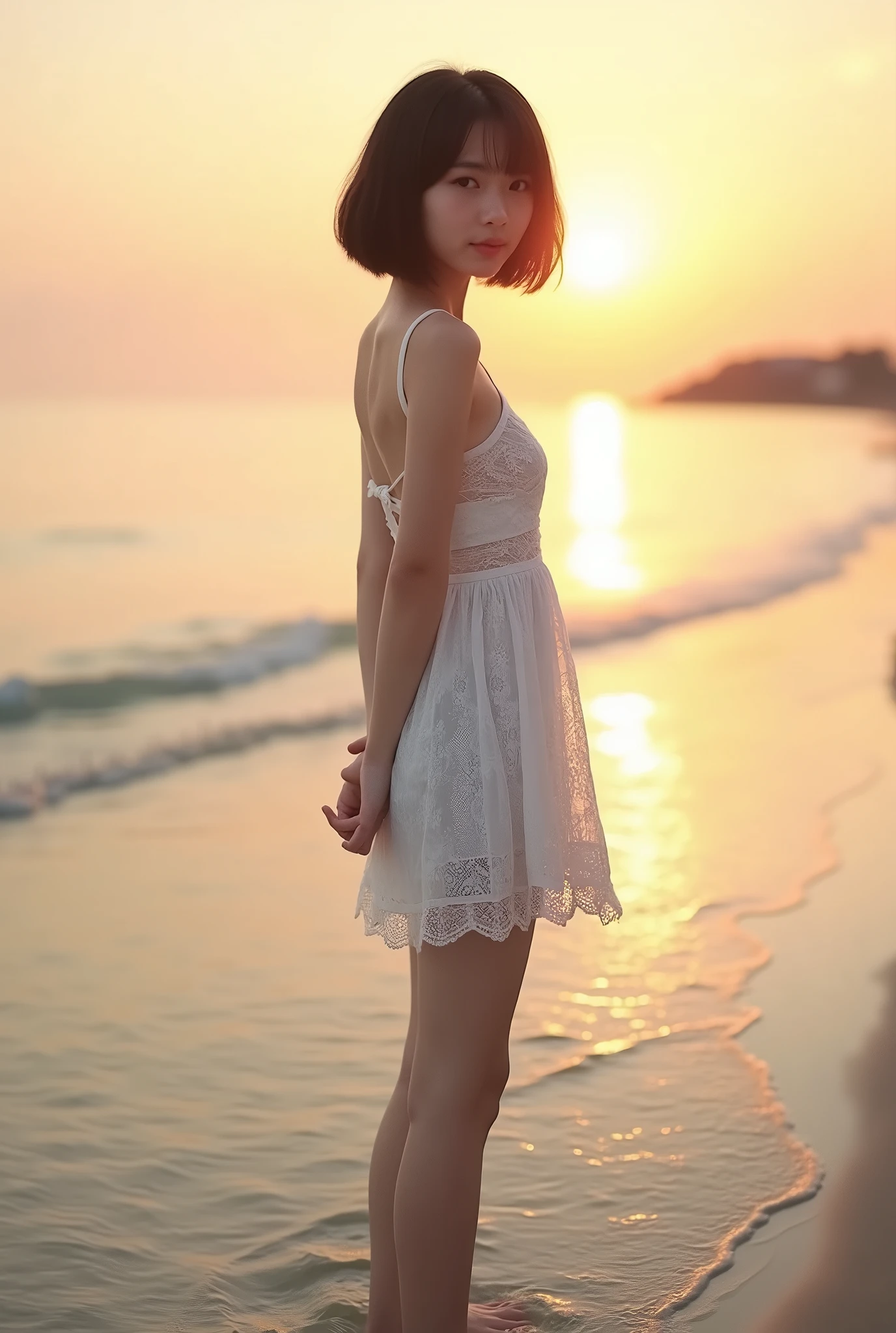 live-action、 real、Water's Edge、Very beautiful Japanese schoolgirl wearing a white lace dress、A very beautiful Japanese high school girl in a white lace dress standing in a shallow sea 、A very beautiful Japanese high school girl wearing a white lace dress looking back with her hands folded behind her back 、Sunset、Backlight、 dress that you take off your white sandals and hold in your hand is see-through and you can clearly see the lines of your body、Black Hair、 short bob hair、 upper body、smile、profile、