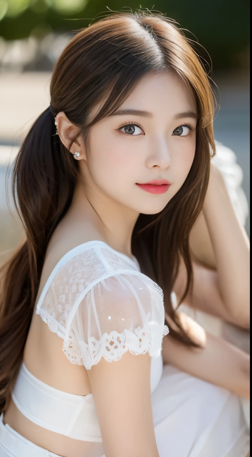 Arakfi Asian woman,long whitr hair,wears a white dress, popular korean makeup, portrait of female korean idol, Popular Korean makeup, beautiful Korean women, Korean girl, Beautiful young Korean woman, portrait of kpop idol, Gorgeous young Korean woman, young lovely Korean faces, ulzzangs,ssmile,The mouth is slightly larger,The eyes are slightly larger,Breasts are fuller,