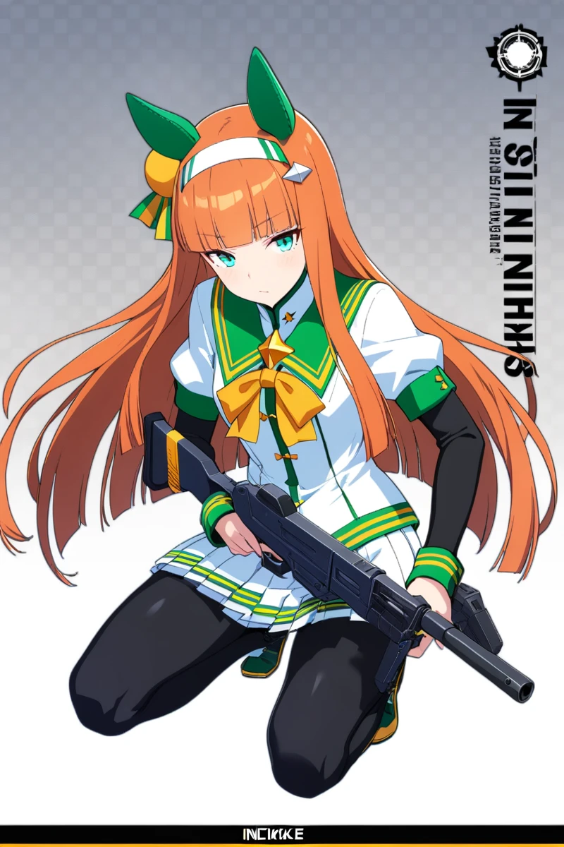 1girl,IncrsNikkeProfile,full body,holding weapon,holding gun,one knee,silence suzuka, \(umamusume\),shobu_fuku,