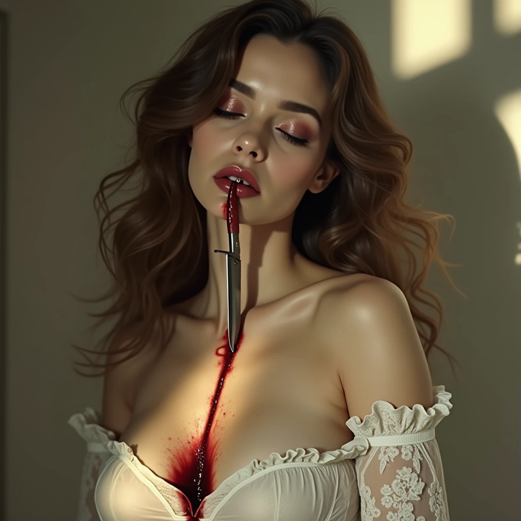 (best quality), (masterpiece), young woman, angel, ((, weak and tired eyes, tears, messy hair), (perfect body, perfect boobs, perfect thighs), (bruises and bloodstains on face and body, wounds and cuts, busted and bleeding lips), (wearing long white togas, ripped and torn clothes, bloodstains on clothes), (kneeling weakly, damaged and broken white furry wings), (cruel torture, gore, guro, horror and bloody), (dark, foggy and dusty, dark prison room), (high resolution, high saturation, ultra realistic, realism)