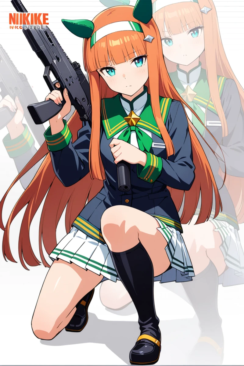 1girl,IncrsNikkeProfile,full body,holding weapon,holding gun,zoom layer,one knee,silence suzuka, \(umamusume\),shobu_fuku,