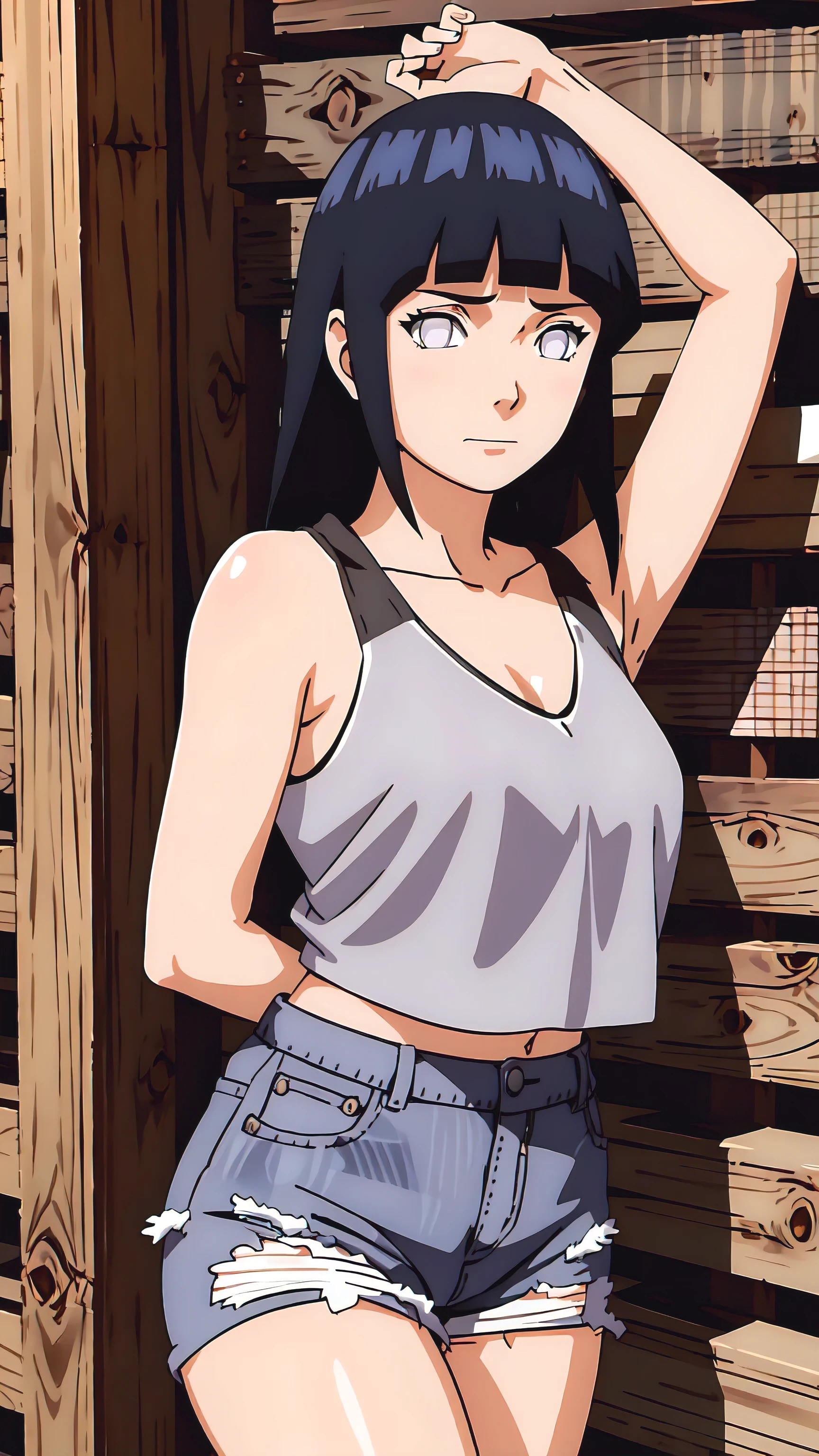 (absurdres, 8k, 4k, masterpiece, hyper extreme detailed:1.2), solo, 1girl, front view, portrait, best quality, perfect face, 1girl, portrait, solo, standing, Female, toned body, mature female, EJP breasts, , long hair, delinquent, sarcastic, swept bangs, midriff, exposed collarbone, exposed left shoulder, standing up, half body, shorts, bound, bondage, (arms behind back:1.4), bdsm, restrained,