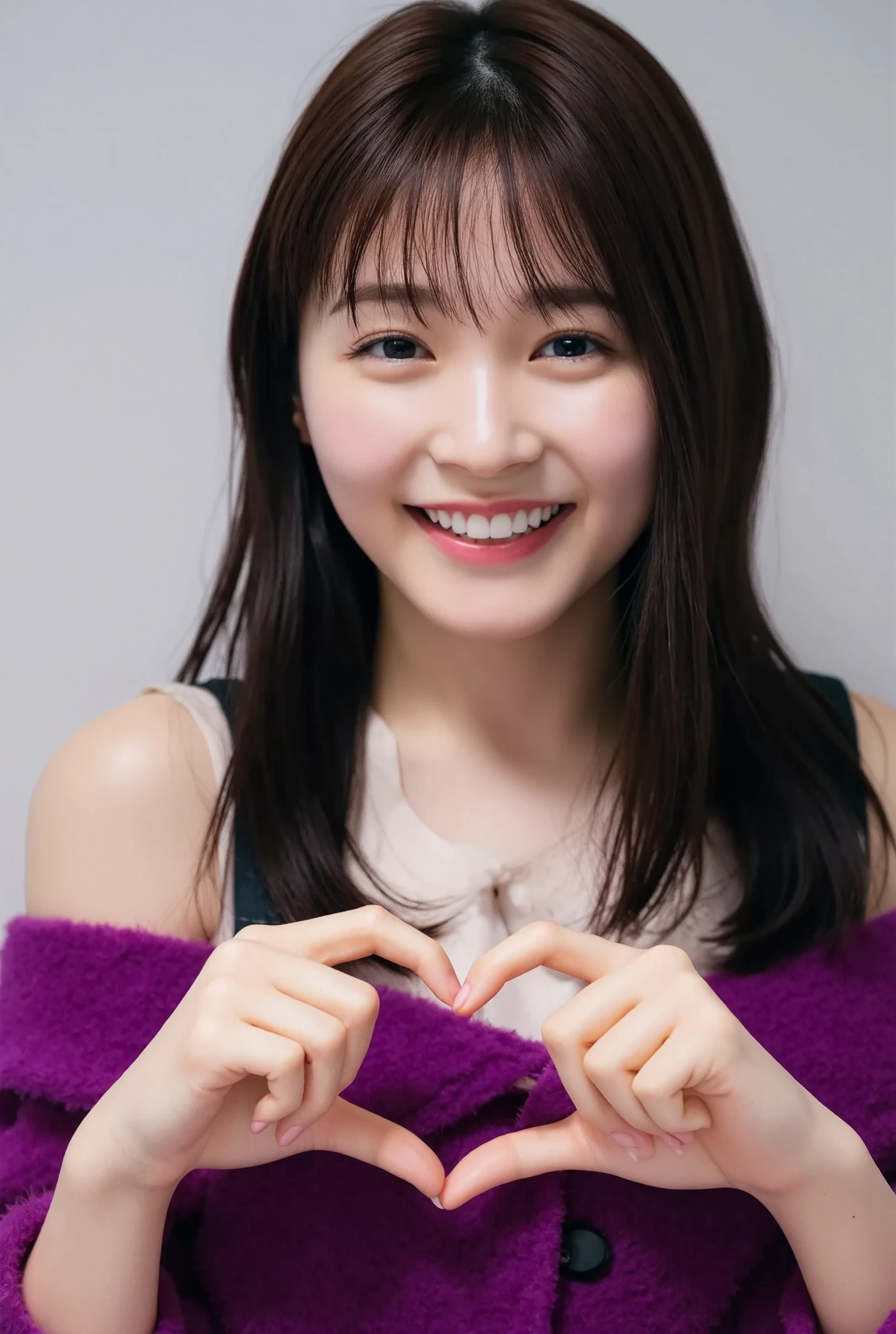 Only one woman with a cute smile wears cute, fluffy off-shoulder pajamas, makes a big heart shape with both hands, and poses them in front of her chest, View above collarbone、The background is a monotone 

