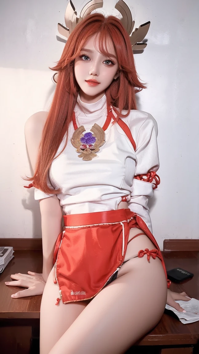 sensual asian woman, アニメ, Higher quality, woman opens her legs, redheadwear, Red hair, lying on her bed, semi new