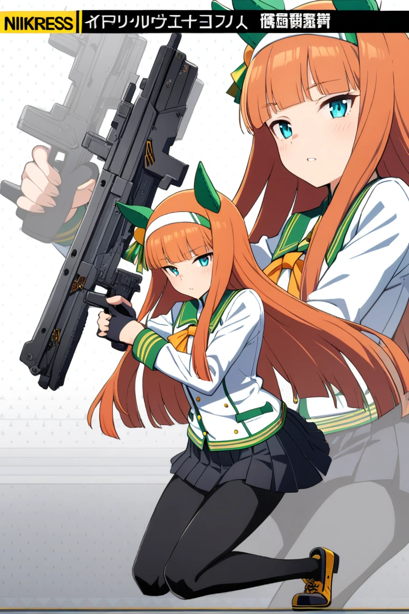 1girl,(IncrsNikkeProfile),full body,holding weapon,holding gun,(zoom layer),one knee,silence suzuka, \(umamusume\),(shobu_fuku),