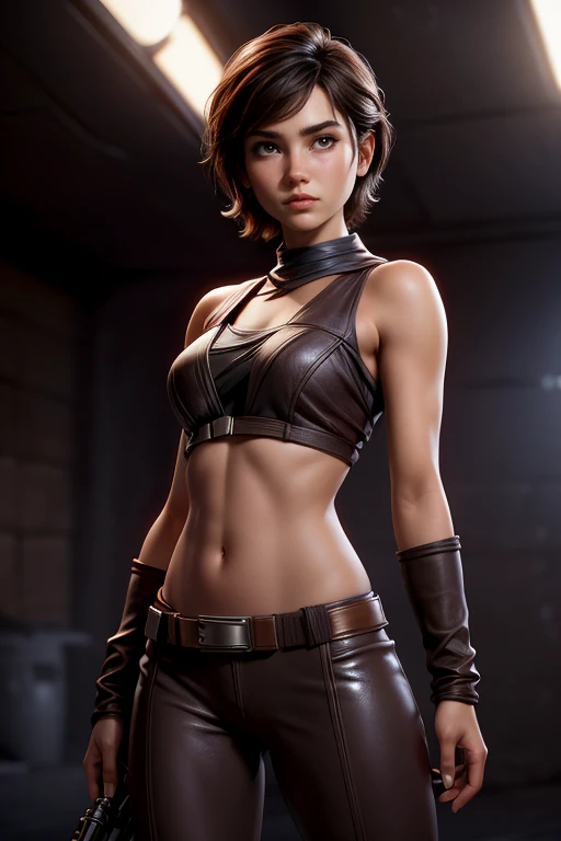 Digital art style, looking at the audience, whole body, The art of math, 1 girl, alone, short hair, brown hair, brown eyes, tons, fit, Strong, fighter, Theft and leather clothing, fantasy