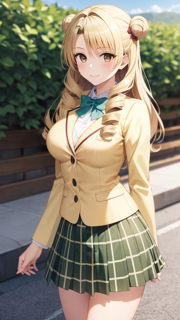 masterpiece, best quality, highres, 1girl, solo, long hair, blonde hair, double bun, drill hair, brown eyes, school uniform, green bowtie, blazer, yellow jacket, long sleeves, plaid skirt, green skirt, standing, cowboy shot, outdoors, smile,