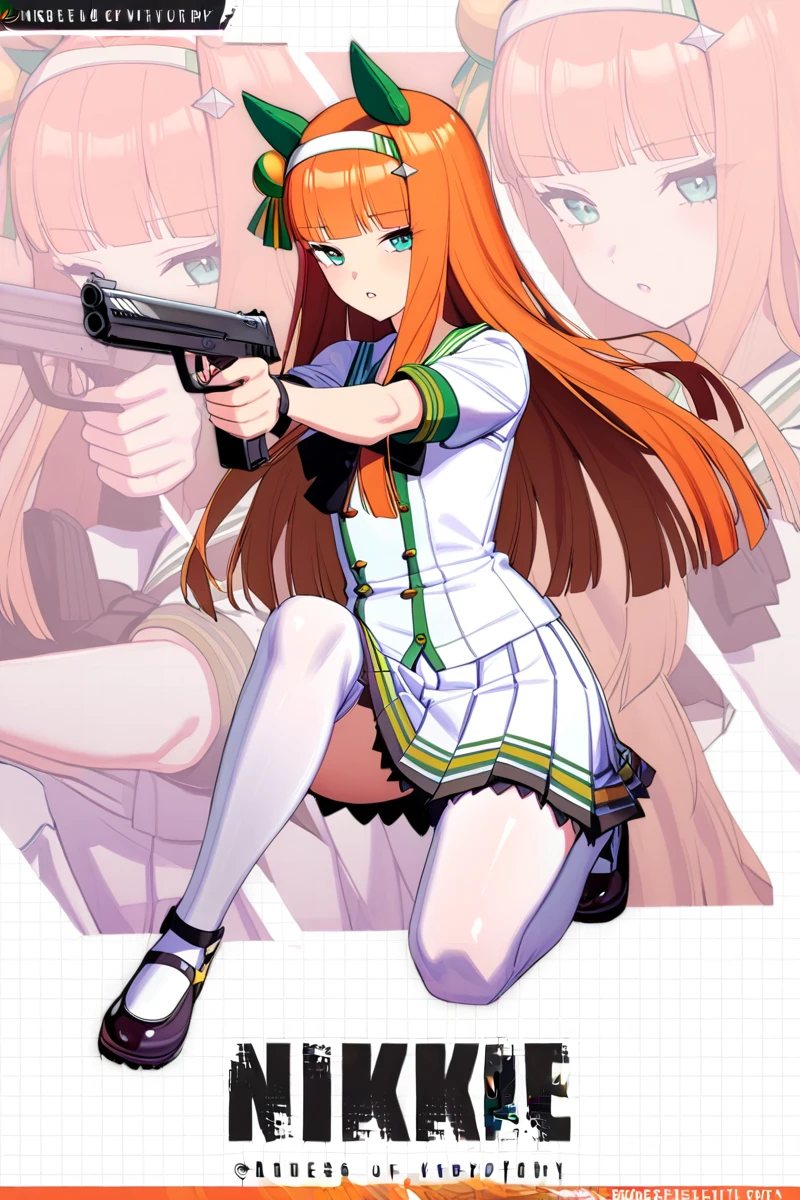 1girl,(IncrsNikkeProfile),full body,holding weapon,holding gun,(zoom layer),one knee,silence suzuka, \(umamusume\),(shobu_fuku),aiming a pistol at the viewer