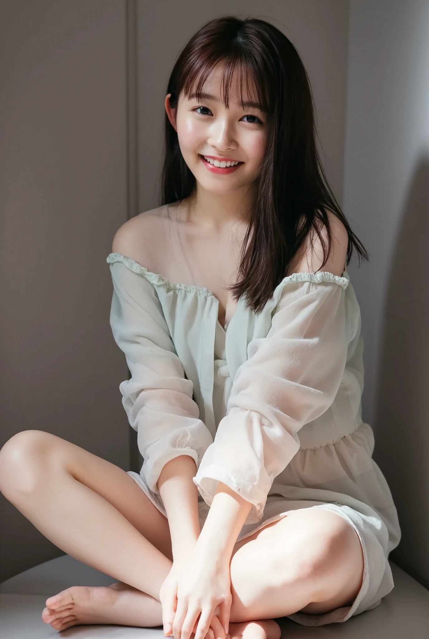 Full body shot from the front、Wear off-the-shoulder mini one-piece pajamas, bend your knees, spread your legs, take a cross-legged pose, and sit while looking at me, Slender bare legs 、smile、The background is a monotone 

