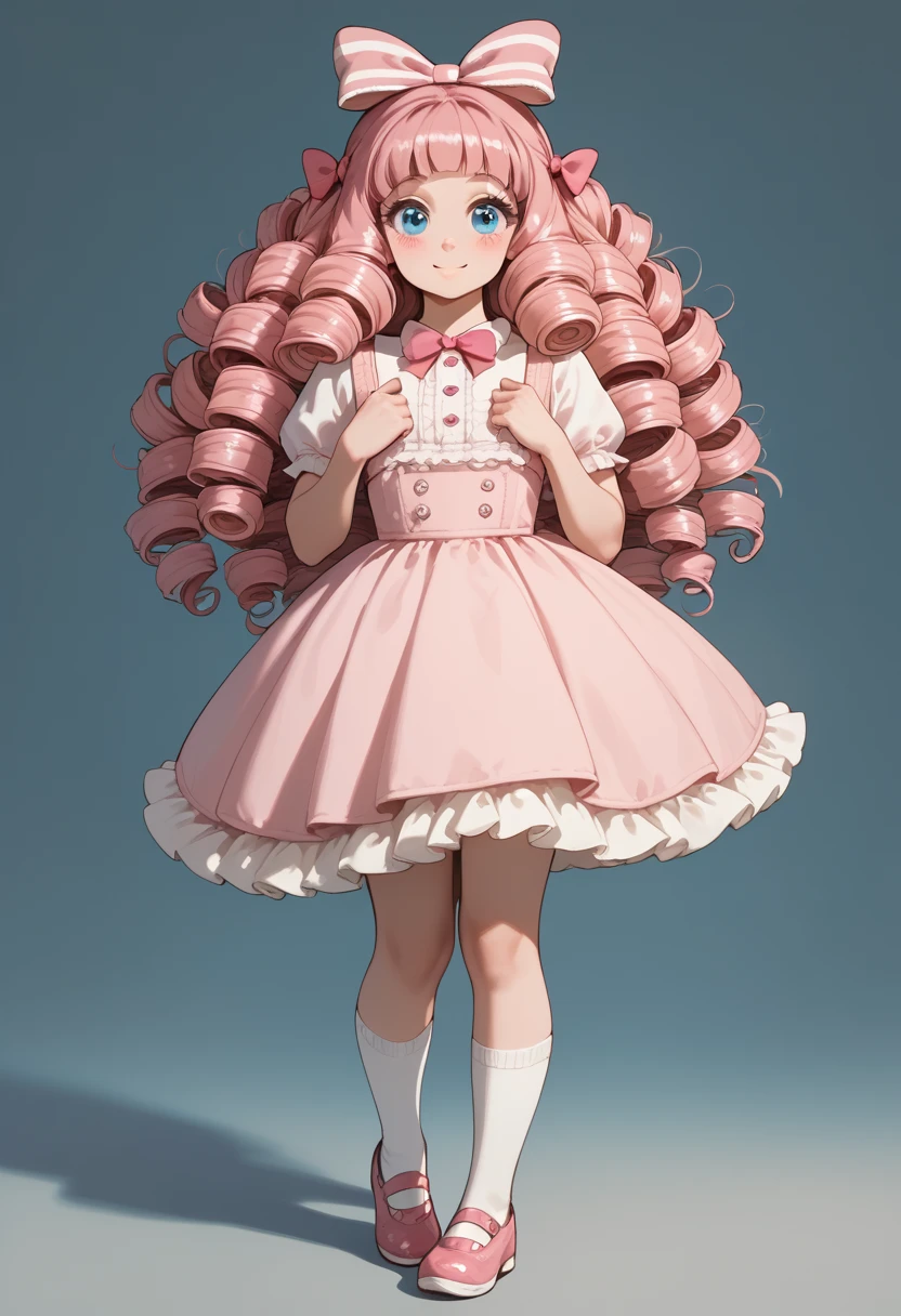 1girl, solo, long hair (with her hair styled in ringlets), and baby blue eyes, light pink dress, a hot pink hair bow, white socks, and pink shoes, grinning, Darla Dimple, cute