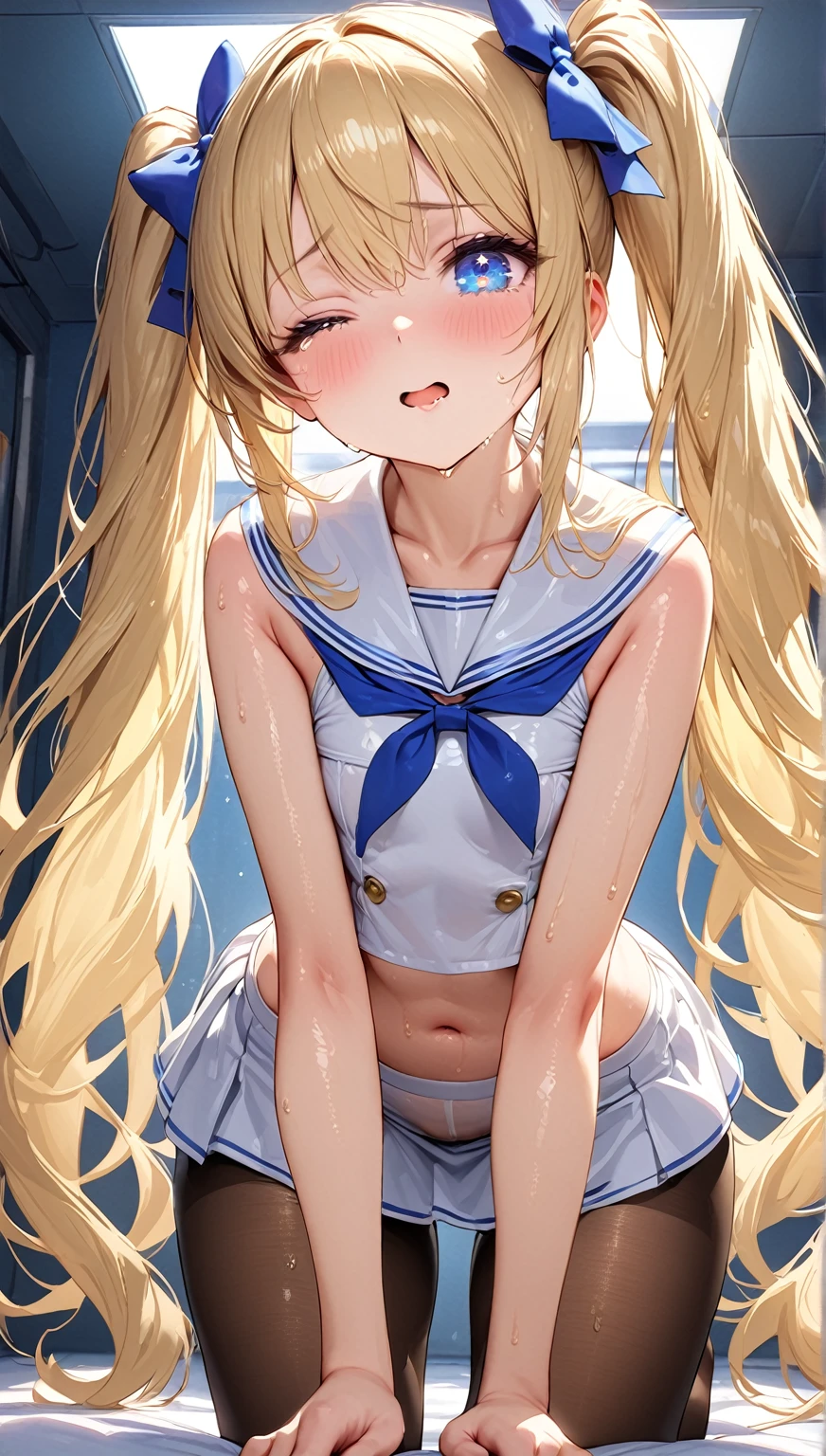 Beautiful long blonde　Girl in sailor suit　  Navy Blue Miniskirt 　whole body　diaper　 crouches with her crotch open　 cowboy shot　Chained handcuffs　((Teary-eyed))　Underground Prison　 metal collars in prison