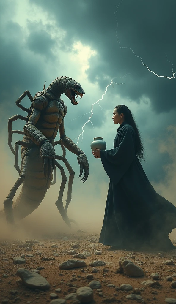 A humanoid iguana giving a machete blow to a white demon girl with black hair and black eyes. .Exe