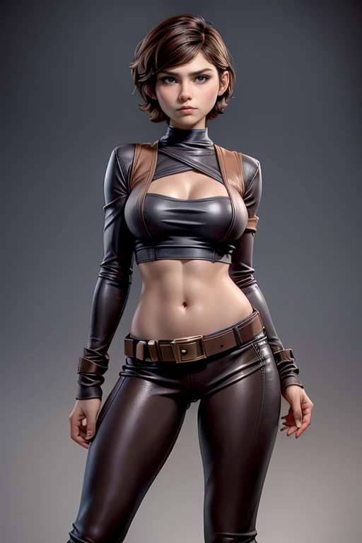 Star Wars ,  short hair , brown eyes, confident, decided, firm stance, confident expression,  female smuggler wears tight brown leather leggings with belt,  composition epic character,  natural lighting ,  sharp focus,  ultra resolution . 