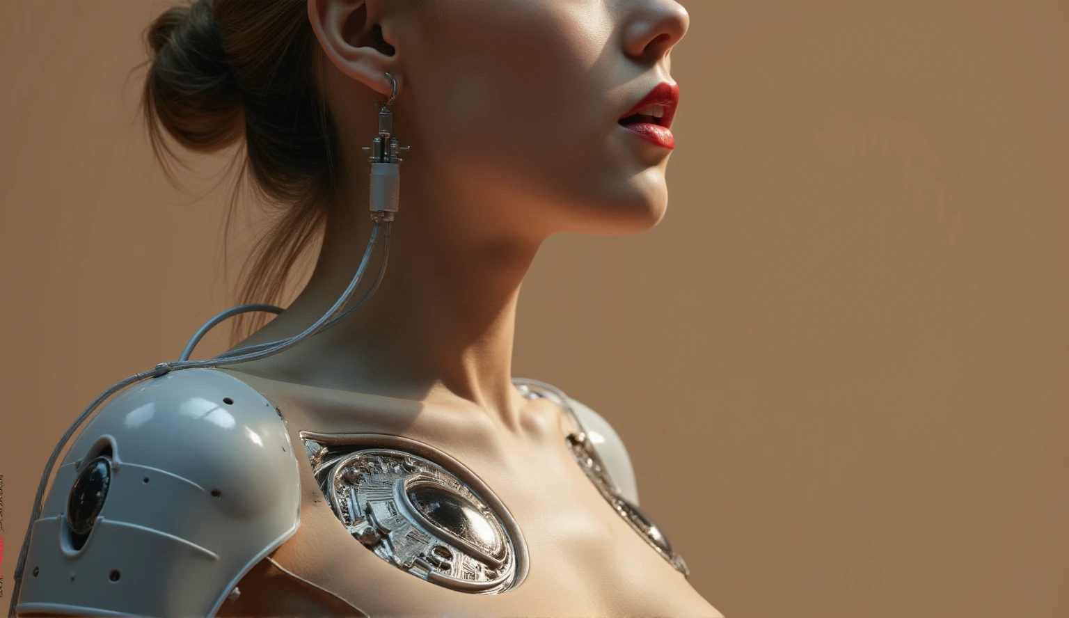 Capture a stunning full-body shot of a young woman, showcasing her porcelain-like complexion and striking cybernetic enhancements. Robotic parts seamlessly integrate with her natural beauty, highlighting the intricate details of her chest. Soft studio lighting (150 mm) wraps around her figure, accentuating the curves and textures. A subtle rim light adds depth and dimensionality to her features. Her facial muscles are expertly rendered in hyperrealistic detail, as if frozen in a moment of quiet contemplation. Tendrils of electric wires and microchips weave across her skin, evoking a sense of futuristic wonder. Inspired by H.R. Giger's biomechanical aesthetic, this masterpiece is an award-winning work of art, boasting extremely detailed, photo-realistic realism achieved through the power of ray tracing and UHD/8K resolution.