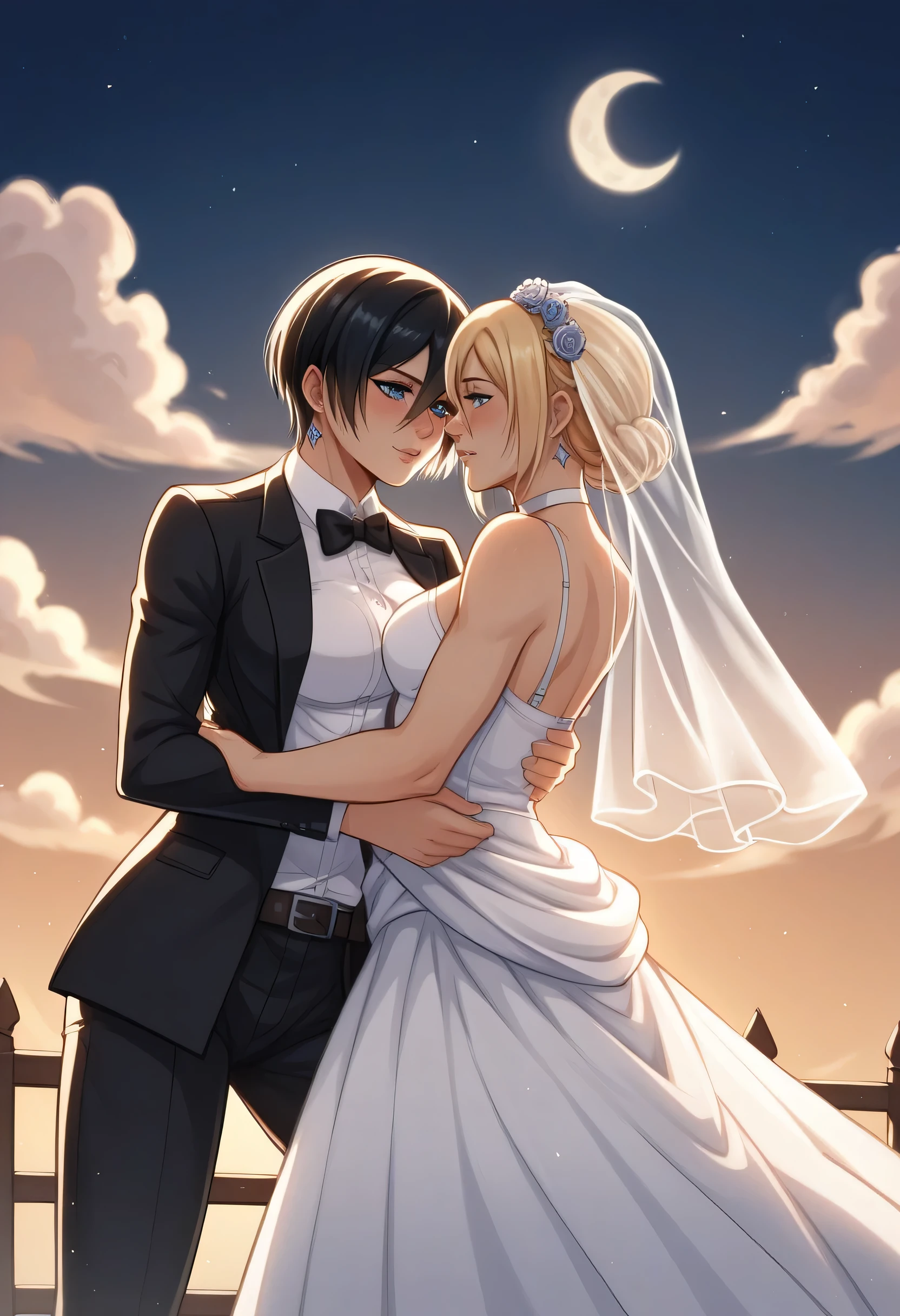 score_9, score_8_up, score_7_up, BREAK source_anime, historia reiss, blue eyes, blonde hair, long hair, medium breasts,Historia  beautiful wedding dress white,female black hair soldier with historia,Mikasa with historia are married ,mikasa wreanig black tuxedo,Mikasa female with short hair,mikasa female medium breasts,in night,moon in sky,mikasa final season,mikasa,Mikasa carries Historia hands،mikasa femboy,mikasa final season,historia blonde hair,mikasa carrying historia,Mikasa and historia in party in middle night,,mikasa final season,girls love,girl×girl,lesbians,yuri,romantic wallpapers,historia and mikasa laughs,both wreanig rings marriage,mikasa pixie cut hairstyle,historia royale wedding dress 👰,preview close character's,mikasa muscle almost appear on her black tuxedo,,attack on titan graphics style,historia wearing beautiful royale Earrings, mikasa with tuxedo looks lustfully and manly,historia hold basket flowers 