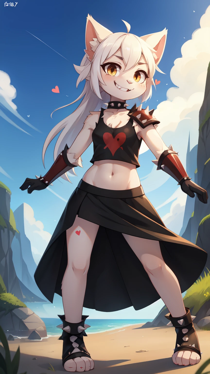 score_9,score_8_up,score_7_up, source_cartoon, source_furry, cat, Furry girl, cat girl, white hair, long messy hair, brown eyes, detailed body fur, ((black tank top with red broken heart print, spiked shoulder armor, midriff, long black dress skirt, yellow gloves, toeless footwear)), small breasts, masterpiece, looking at you, fangs, white body fur, detailed face, big eyebrows, detailed eyes, pink nose, detailed body, detailed body fur, detailed hands, flat body, glistering body, shiny body, skinny, perfect lighting, perfect shadows, perfect eyes, perfect hair, perfect face, gorgeous body, solo, grin, float islands, clear sky, motion blur, full body, feets with three toes, DND style, BREAK, 