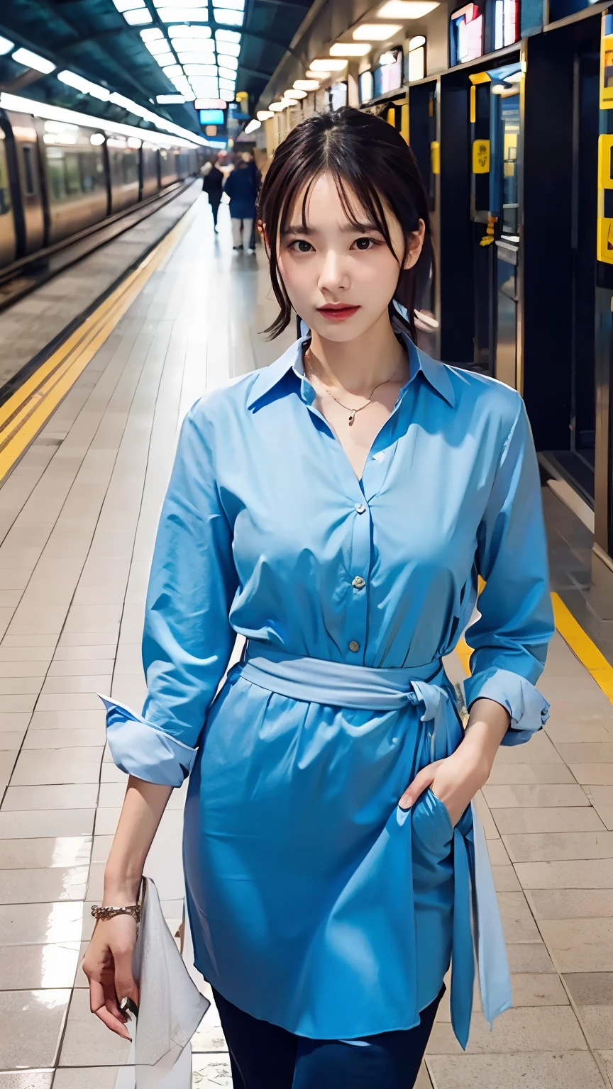 Top quality, one beautiful woman, blue long blouse erect nipples,age 30,35mm lens, f/1, inside a train station,Walking figure facing front,