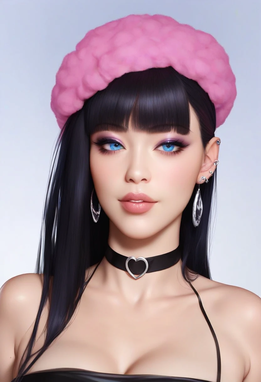 photorealistic portrait of stunning oriental goth woman, long multicoloured hair, platinum with blue and red, bangs, lips parted, seductive, sultry, lustful, choker, long earrings, sexy blouse, silhouetted, light hitting one side of face, the other side in darkness