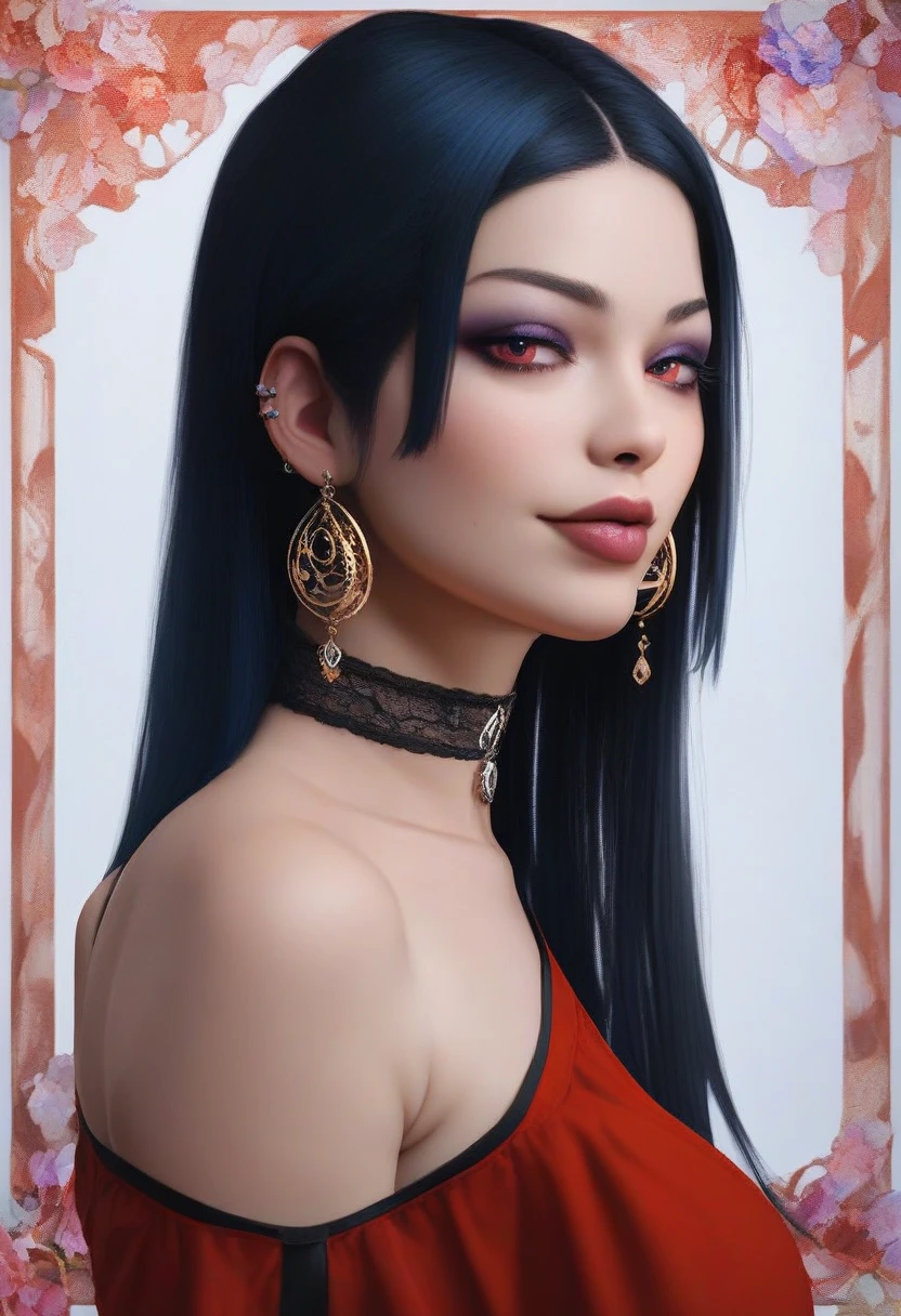 photorealistic portrait of stunning oriental goth woman, long multicoloured hair, platinum with blue and red, bangs, lips parted, seductive, sultry, lustful, choker, long earrings, sexy blouse, silhouetted, light hitting one side of face, the other side in darkness