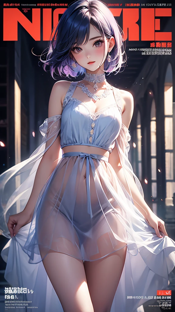 masterpiece, Top-class, Spring Dresses, Colored Hair,  outdoor ,  magazine cover, Transparent short skirt,,  suspenders, Light tulle,  wide hips,  Thin Waist,  Smooth, soft and delicate skin