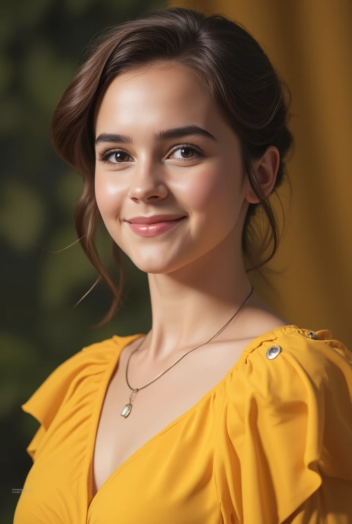 Emma Watson, a beautiful girl with short straight brown hair,smiling,,dressed in a yellow dress, brown eyes,(best quality,4k,8k,highres,masterpiece:1.2),ultra-detailed,(realistic,photorealistic,photo-realistic:1.37),HDR,UHD,studio lighting,ultra-fine painting,sharp focus,physically-based rendering,extreme detail description,professional,vivid colors,bokeh,pixel art,scenary
