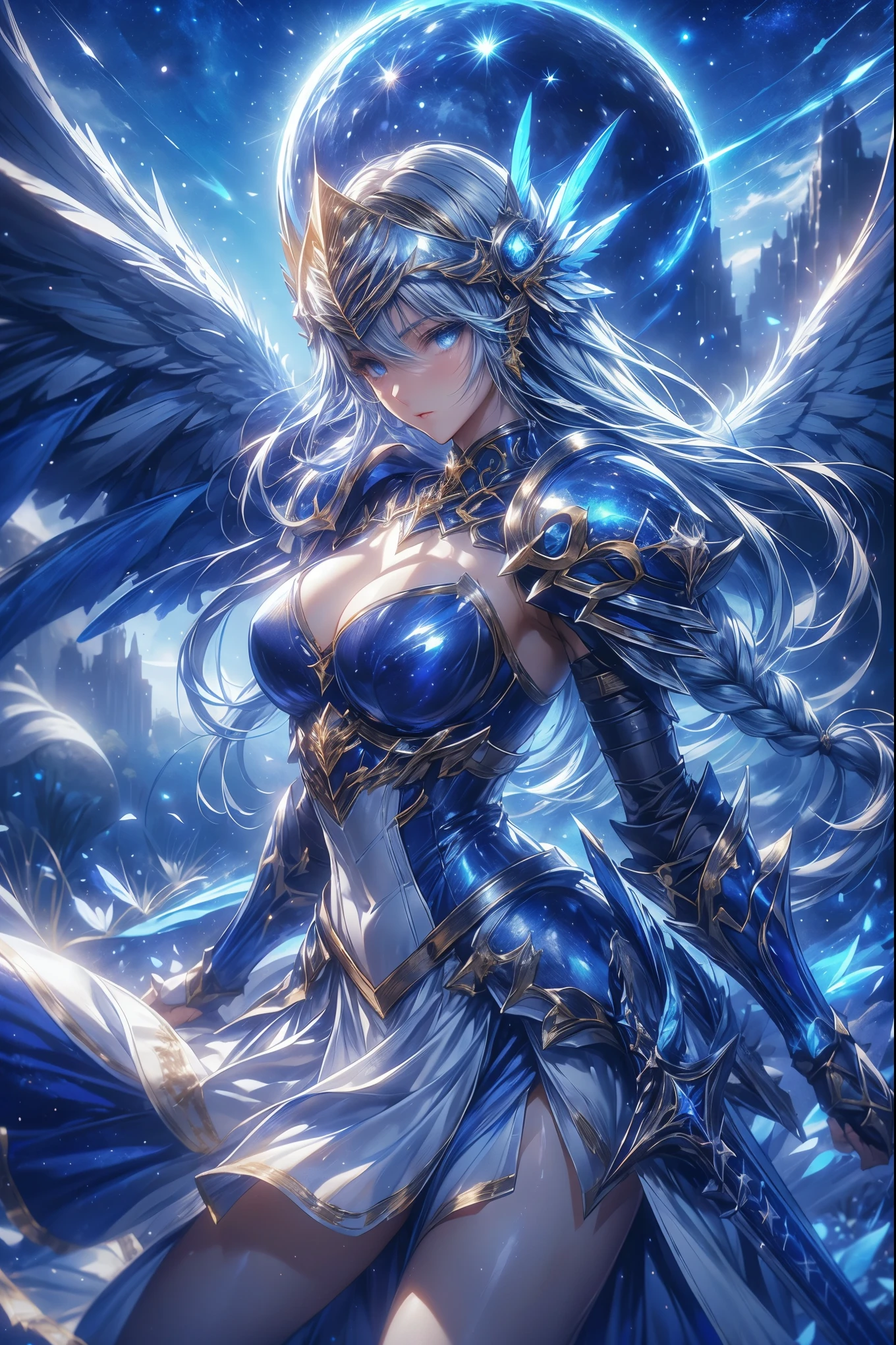 (((masterpiece))) (((highest quality))) (((8k resolution))) Queen in power armor, (gothic style), (full body shot 1.2), bellybutton, The most beautiful and sexy angel goddess, with long light brown hair, and glowing blue eyes, wearing intricate white gothic battle armor, angel wings, standing majestically in front of a gothic castle. ((perfect illumination)), a radiant glowing aura surrounds her, highlighting her divine presence and ethereal beauty, as she stands ready to defend her realm. The intricate details of her armor shimmer under the moonlight, and her angelic wings spread wide, casting an awe-inspiring shadow. Her glowing blue eyes exude both kindness and immense power, making her the epitome of grace and strength.