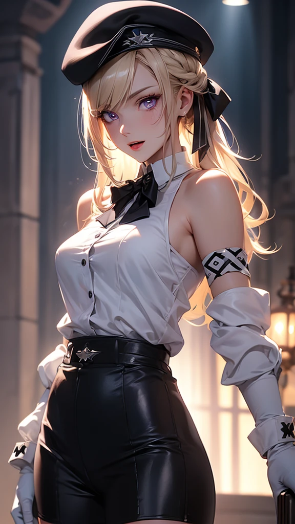 Z23,,  Wrinkled Skin , 8k,  beautiful detailed eyes,  Movie Lighting,  Beautiful Detailed Face , Super detailed, World Masterpiece Theatre,  Movie Lighting,,  1 girl, Alone,  blond hair,  purple eyes,  hair bow,  white shirt , beret,  Bare Shoulder , Gloves, Iron Cross,  Cycle Shorts , :d, Armband, white Gloves,  cowboy shot ,