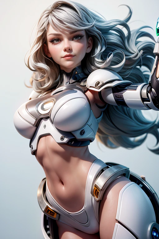 Young cyborg woman ,  cybernetic armor technology,  with a bare belly , for the wavy cut,  expression of happiness ,  top quality,  masterpiece , super detail,  lyrics,  natural lighting ,  plain white background , without patterns, No textures. 