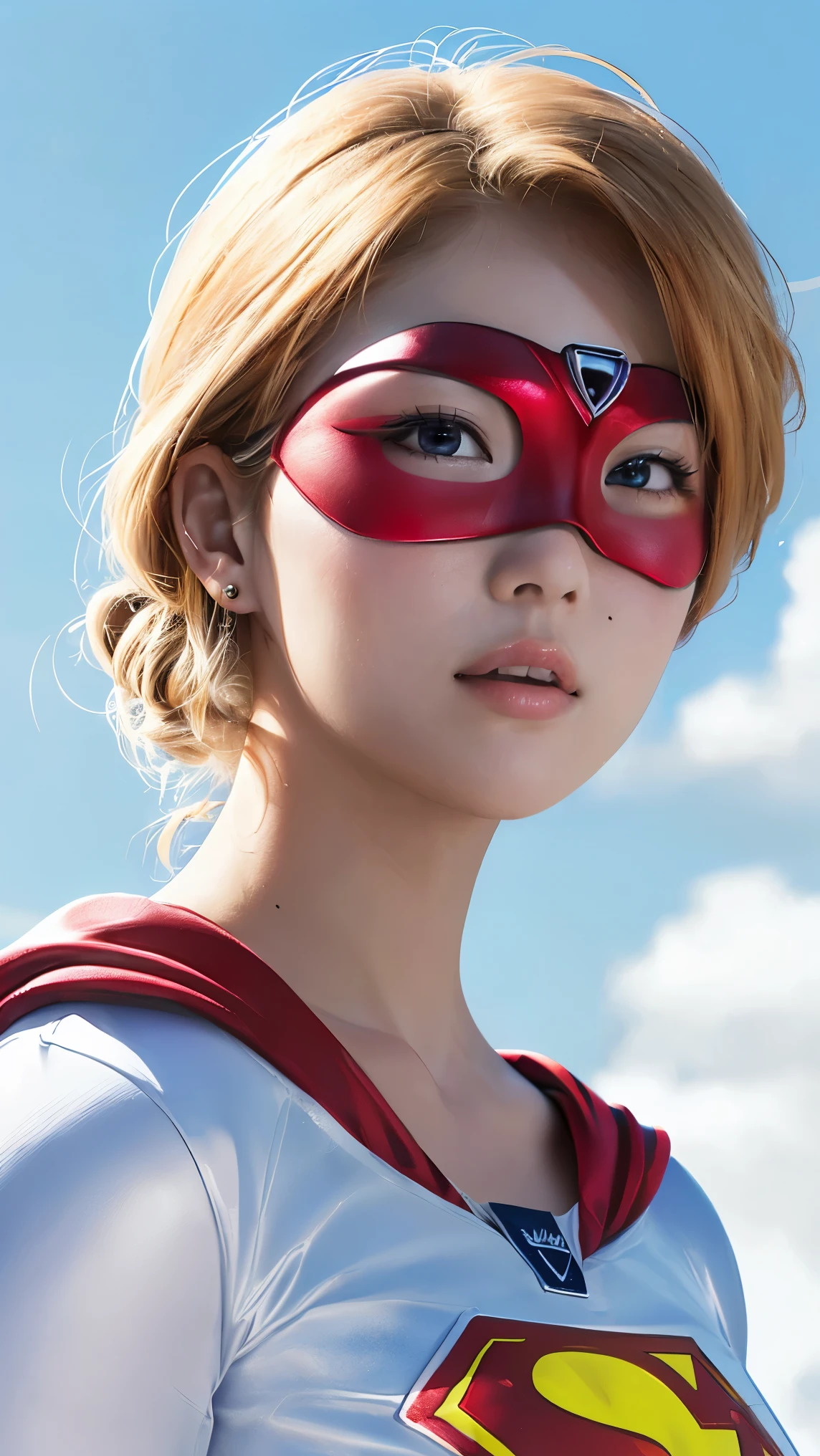 (8k, RAW photos from the last century, Best Quality, masterpiece: 1.2), (Realistic, Realistic: 1.37), Best Quality, super high resolution, Light Leak , Dynamic Lighting, Slim and smooth skin, (whole body:1.3), ( soft saturation: 1.6), ( white skin: 1.2), (shiny skin: 1.1), oily skin , 22 years old, Knight , Shining white blonde hair, Full form, Hair blowing in the wind, from the front : 1.2, supergirl、Miniature, Red eye mask,Airi Suzumura