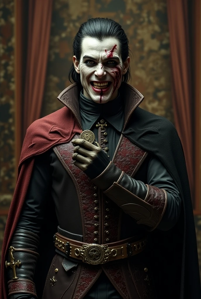 Close-up of a ((extremely handsome vampire warior)) , half human, half beast. Their eyes are filled with hapiness and longing. The background is a trail of blood and violence. He wears a mechanized robot armor, carved with animal elements, human skulls. The sky is filled with swirling, fiery clouds. The photo conveys a strong sense of the warrior's appearance, ((smiling))