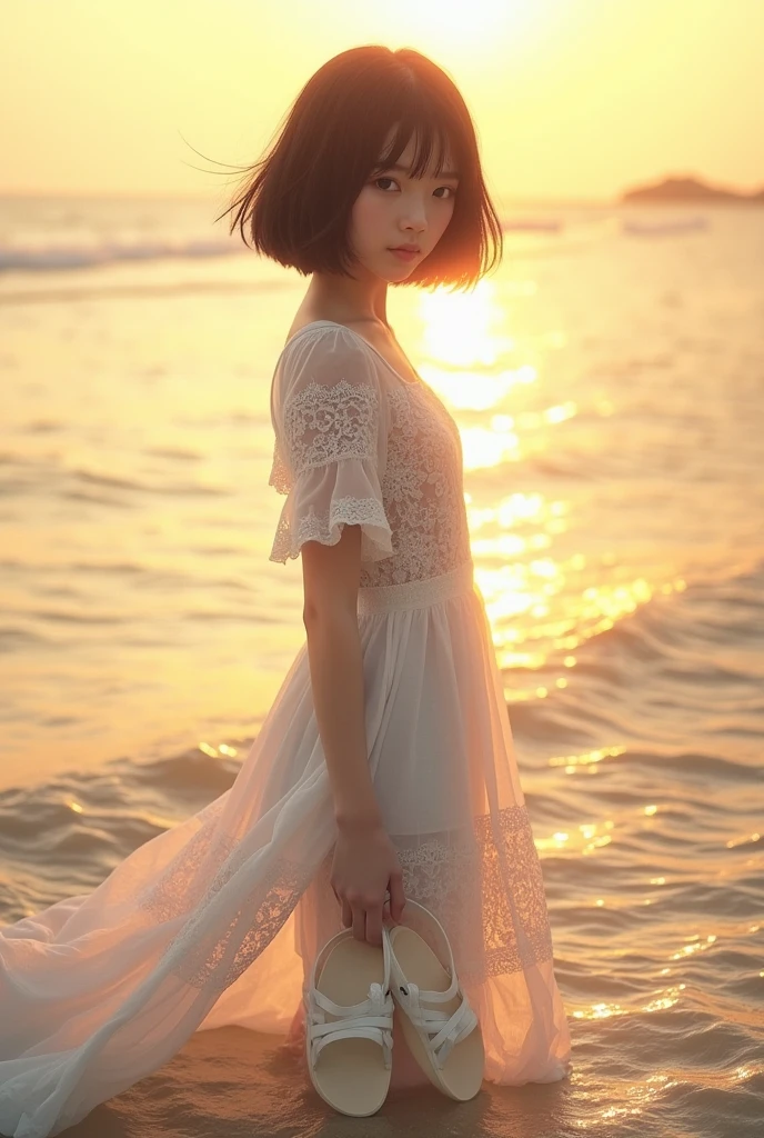 live-action、 real、Water&#39;s Edge、Very beautiful Japanese schoolgirl wearing a white lace dress、I'm soaking in the ocean up to my waist、Sunset、Backlight、 dress that you take off your white sandals and hold in your hand is see-through and you can clearly see the lines of your body、Black Hair、 short hair、 upper body、 watch the viewer 、Hair blowing in the wind