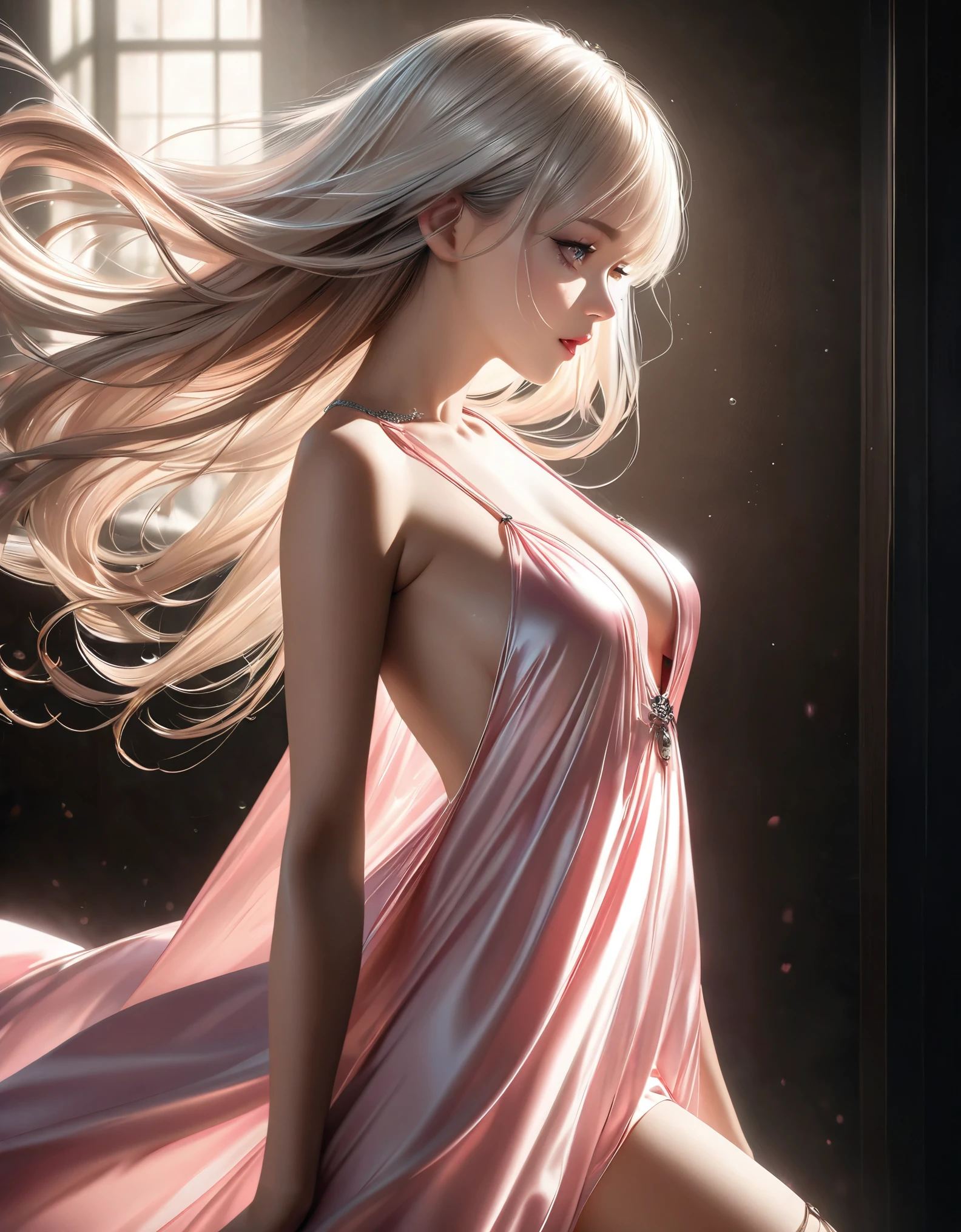 a digital painting of a beautiful attractive woman covered in spiral of splashing liquid pink gold dress suit, a hyperrealistic painting, figurative art, in pink gold paint, pink gold liquid, character is covered in liquid, fantasy art ,elegance pose, beautiful breasts, medium long shot, lighting clear and soft effect , white background