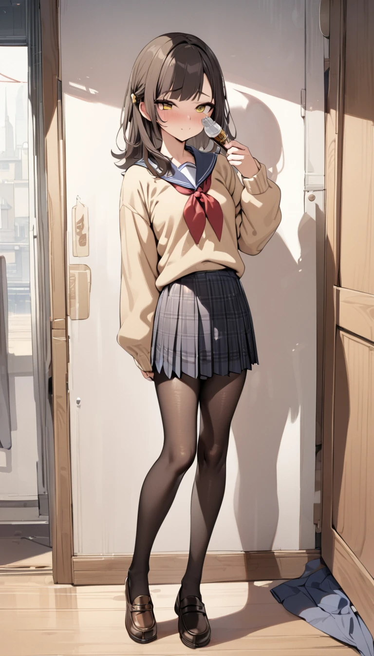  score_9,  score_8_up,  score_7_up, Best Quality ,masterpiece, 4K, (masterpiece),( best quality),(Super detailed),(  best illustration),( best shadow ),(Absurd),( detailed face),(  very aesthetic),  1 girl,small breast, school uniform,gray and black plaid skirt,black pantyhose, black footwear,brown loafers, cream cardigan ,Moe sleeves, chiori \(genshin impact\),standing,full body,