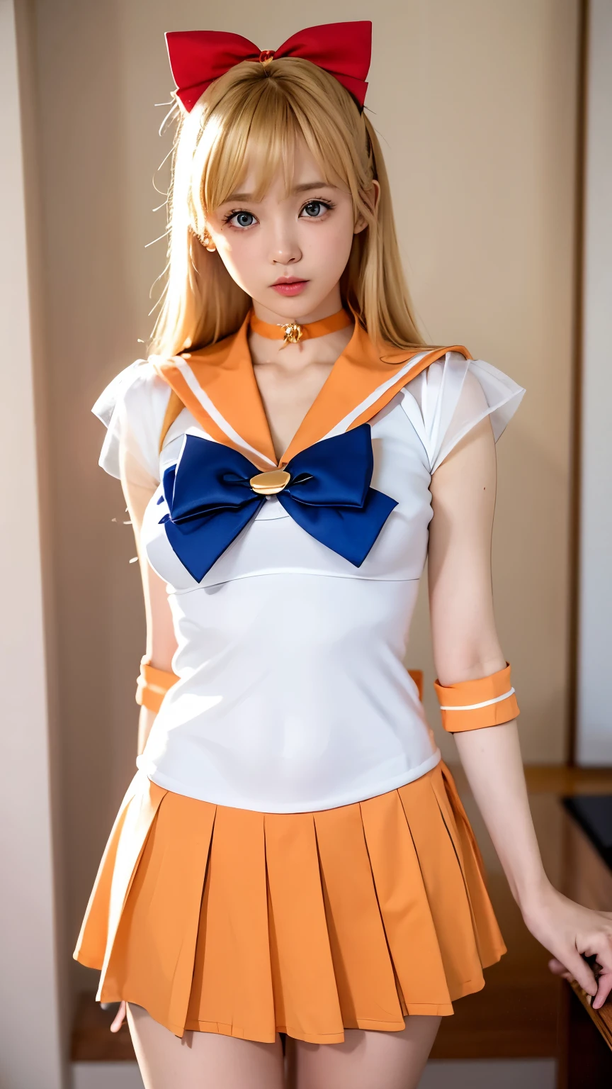 best image quality, high resolution on down, Venus 1, (( Japanese Women )),Alone, sailor warrior uniform , white panties、 Sailor Venus pointing to viewers:1.3, white panties、, blonde, magic , blue eyes, orange skirt, evening dress , Art , pleated skirt, ribbon, orange sailor color, orange mini skirt:1.3, choker, 赤いribbon, オレンジ choker