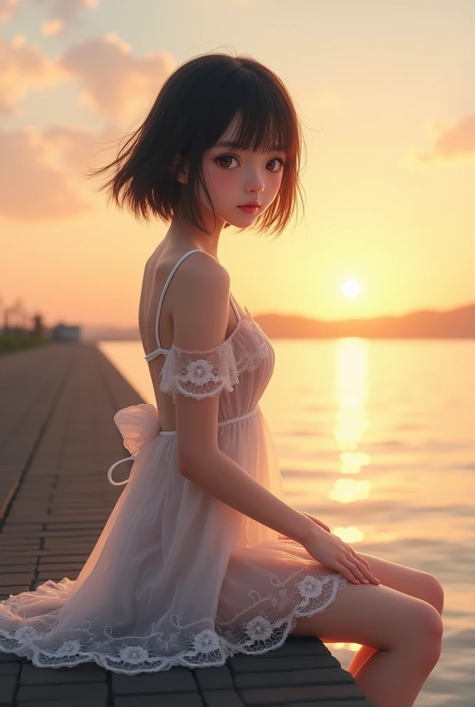 live-action、 real、Water&#39;s Edge、Very beautiful Japanese girl wearing a white lace dress、Sit on the breakwater、Sunset、Backlight、 dress that you take off your white sandals and hold in your hand is see-through and you can clearly see the lines of your body、Black Hair、 short hair、 upper body、 watch the viewer 、Hair blowing in the wind