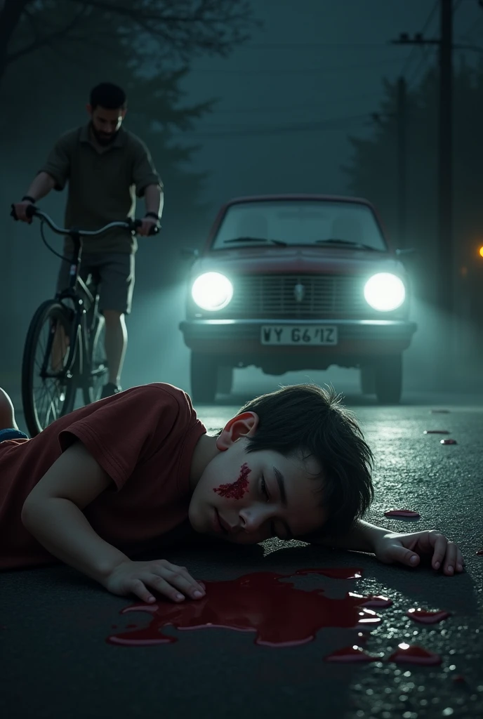 Can u Generate a image showing an accident of a man where he is dropped on road and show he also hits the dog and that bloody dog showing speedometer show also the man

