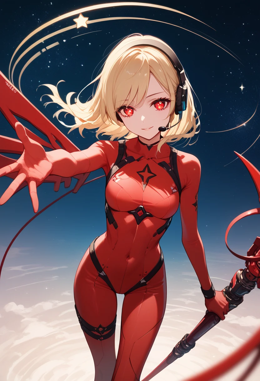 4K,  dynamic angle , ultra-detailed ,  illustration,  close-up, directly,  1girl, 
 ((, Headset Interface, RED bodysuit:1.4,  blonde)),Her eyes shone like Мечтательный stars,( beautiful and detailed eyes :1.1),( impassive ),( standing device),  The latter's spell （Fast）