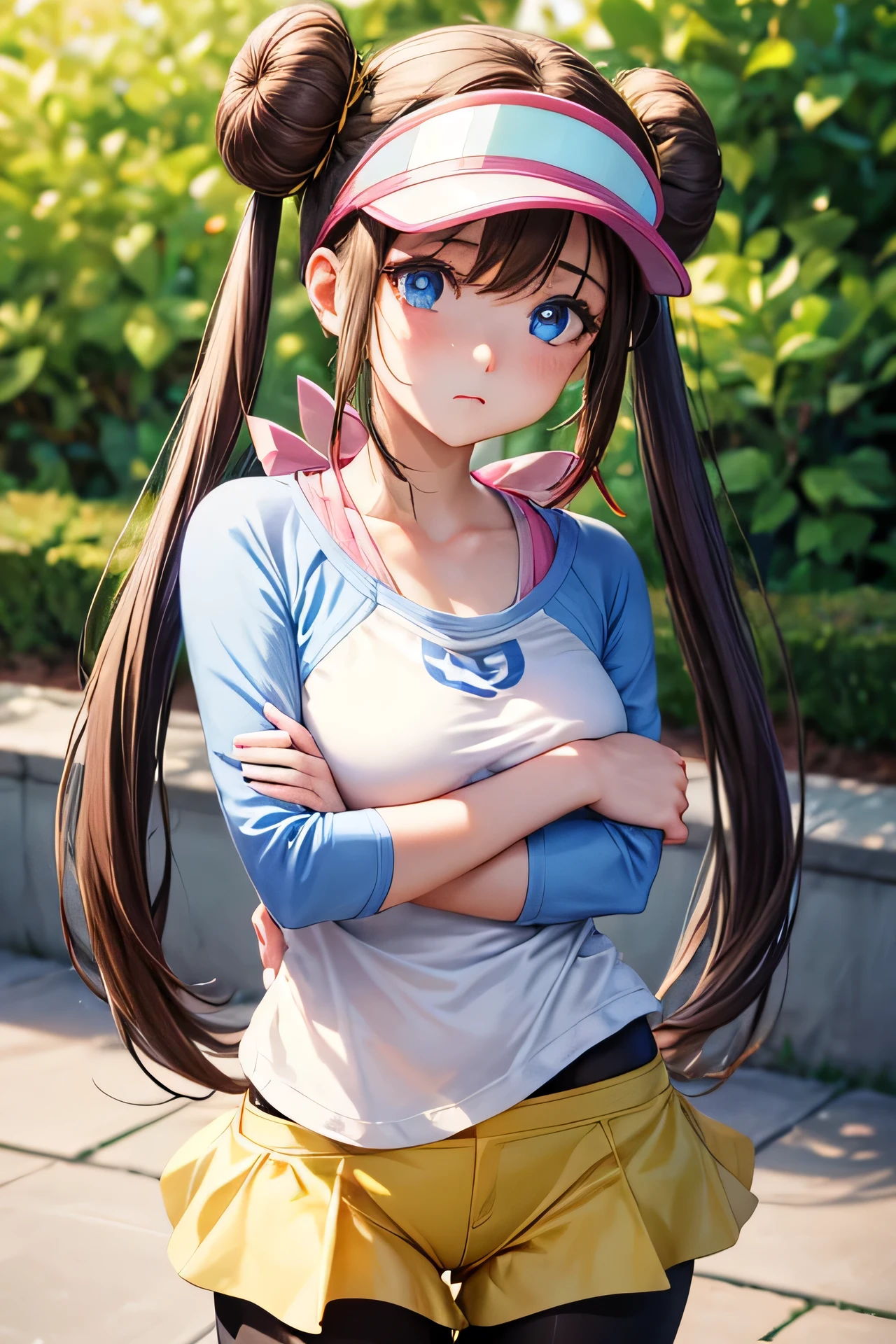  1 girl、masterpiece, Best Quality,  high resolution on down, ro1, Hair Bun,  blue eyes,  Twin Tails,  visor cap,  pantyhose that make you feel luxurious,  raglan sleeve , Yellow shorts, shirt,  Pink Ribbon , watch,  is standing, hand on own chin, Outdoor,  cowboy shot , face close-up、Accurate human body、