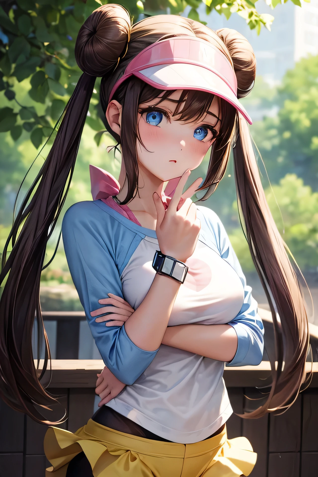  1 girl、masterpiece, Best Quality,  high resolution on down, ro1, Hair Bun,  blue eyes,  Twin Tails,  visor cap,  pantyhose that make you feel luxurious,  raglan sleeve , Yellow shorts, shirt,  Pink Ribbon , watch,  is standing, hand on own chin, Outdoor,  cowboy shot , face close-up、Accurate human body、