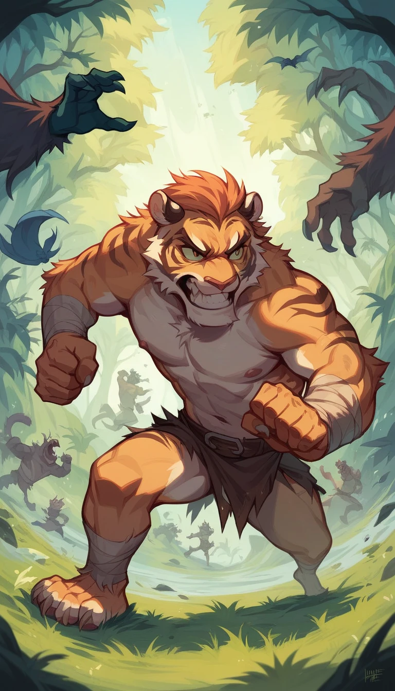 huge brown lion、brown body、pubic hair、chest hair、Navel hair、Green detailed eyes、dark green mane、Huge crotch bulge、Sideways body、dark limestone cave background、Running Pose、Angle from the side diagonally、Completely naked、Body wet with a large amount of milk、Screaming expression、angry look、lots of pink tentacles
