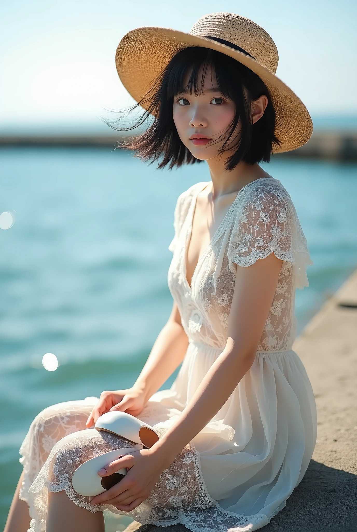 live-action、 real、Water&#39;s Edge、Very beautiful Japanese girl wearing a white lace dress、Sit on the breakwater、Clear skies、Backlight、 dress that you take off your white sandals and hold in your hand is see-through and you can clearly see the lines of your body、Black Hair、 short hair、 upper body、 watch the viewer 、 straw hat、Hair blowing in the wind