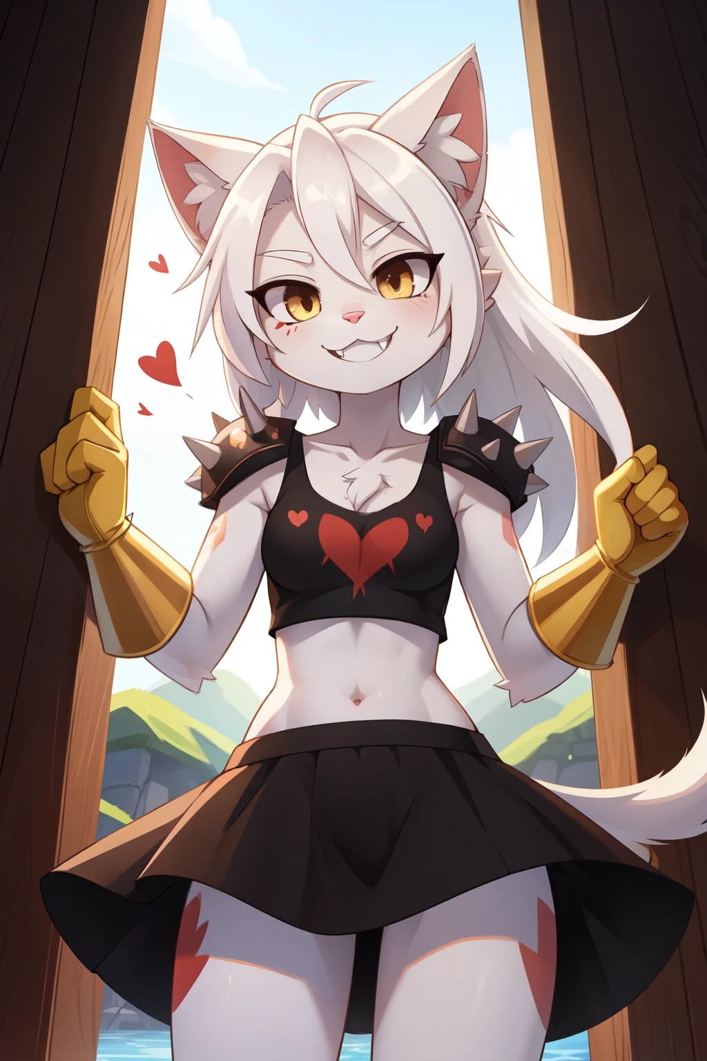 score_9,score_8_up,score_7_up, source_cartoon, source_furry, cat, Furry girl, cat girl, white hair, long messy hair, brown eyes, detailed body fur, ((black tank top with red broken heart print, spiked shoulder armor, midriff, long black dress skirt, yellow gloves)), small breasts, masterpiece, looking at you, fangs, white body fur, detailed face, big eyebrows, detailed eyes, pink nose, detailed body, detailed body fur, detailed hands, flat body, glistering body, shiny body, skinny, perfect lighting, perfect shadows, perfect eyes, perfect hair, perfect face, gorgeous body, solo, grin, float islands, clear sky, motion blur, DND style, BREAK, 